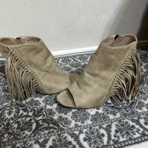 Taupe Suede Peep-Toe Ankle Booties with Fringe
